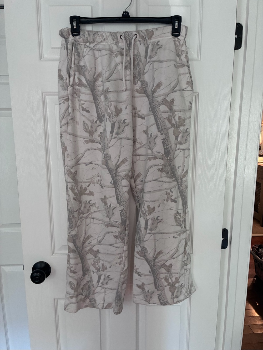 Dairy Boy Women’s Wide-Leg Drawstring Pants in Light Beige Tree Print
